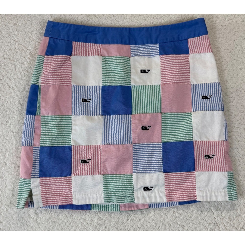 Vineyard Vines Womens Patchwork Seersucker Mini Skirt Multi Color Whale Logo 2‎